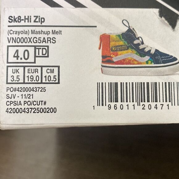 Vans X Crayola Toddler Sk8-Hi Zip Size 4 Shoes - Picture 8 of 8